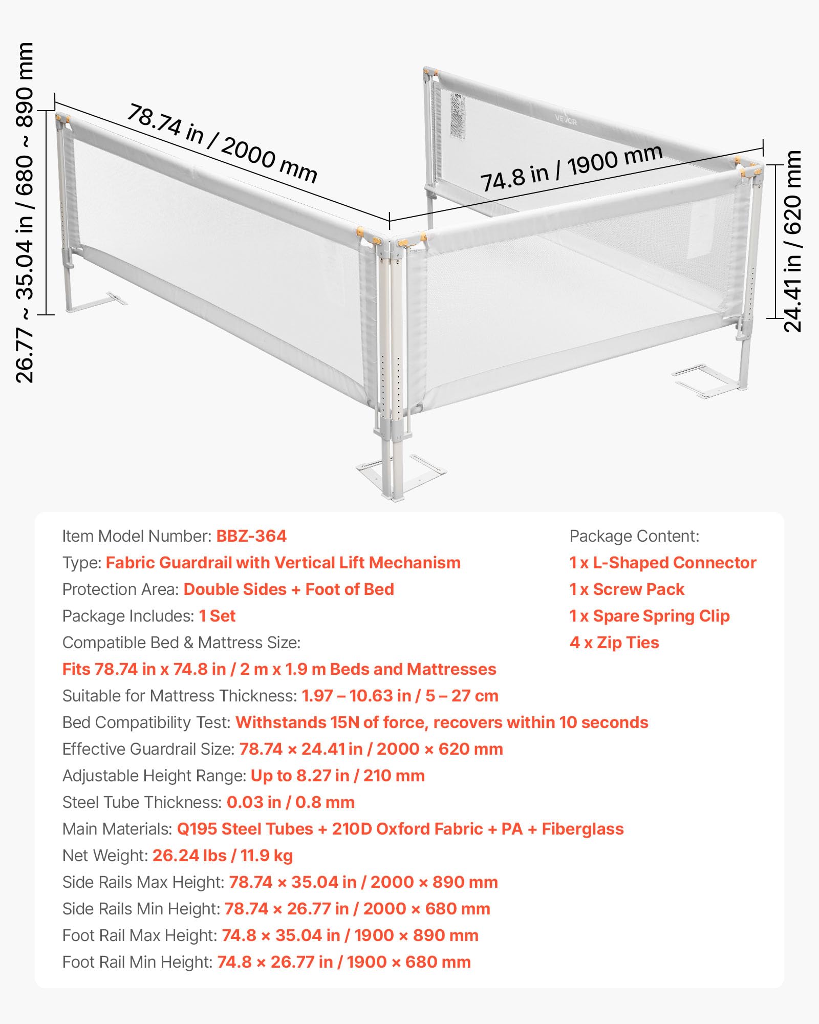 VEVOR Barandilla de Cama Infantil de 3 Lados, Tubo de Hierro Reforzado, Tela Oxford, Altura Ajustable de 68 a 89 cm, para Camas Tamaño King, Grosor de Colchón de 5 a 27 cm, 2000 x 620 mm, Gris