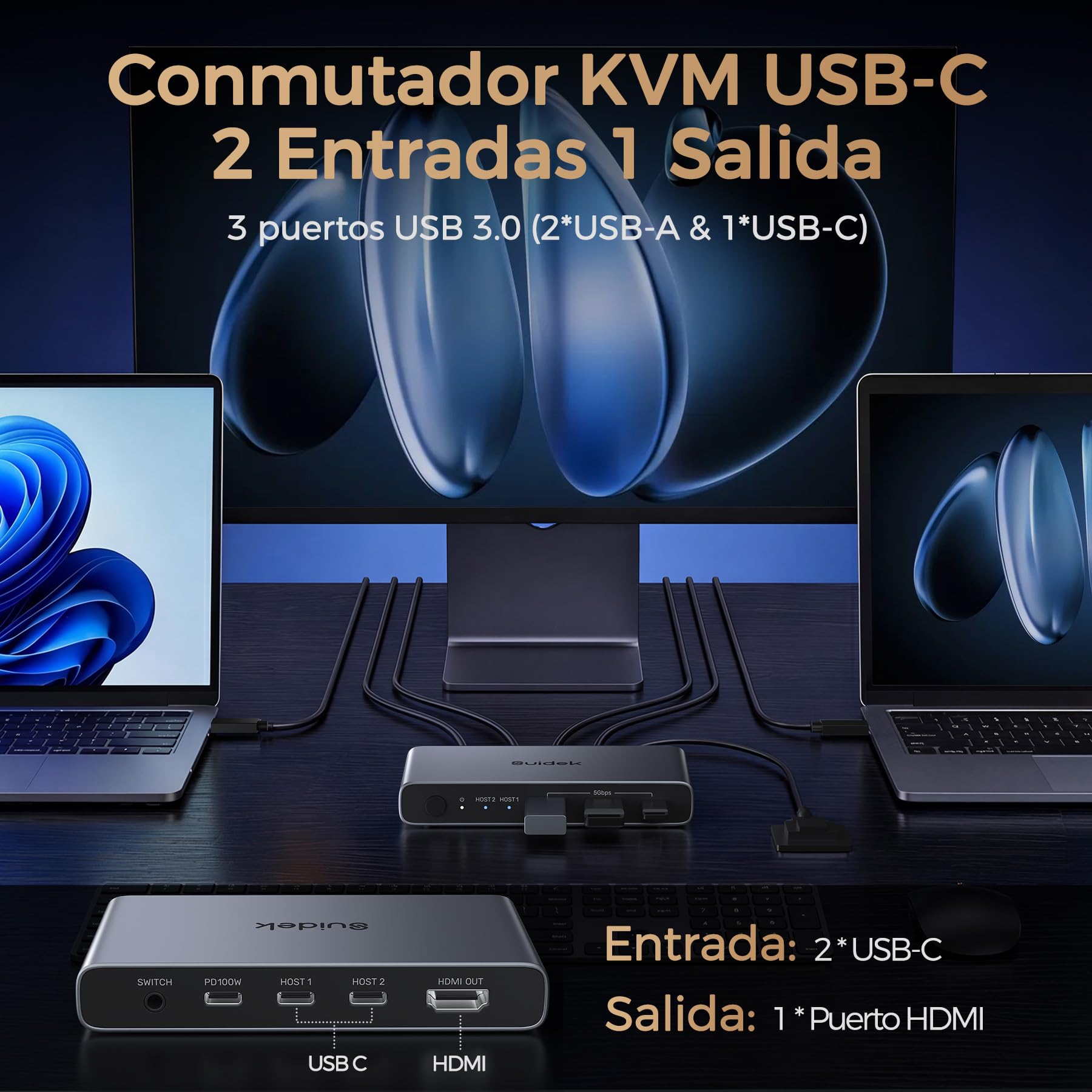 USB-C KVM Switch para 2 Ordenadores y 1 Monitor (4K@60Hz), Conmutador KVM con 2 Puertos USB A y 1 Puerto USB C, para Compartir 1 Monitor/Teclado/Ratón entre 2 Consolas u Ordenadores, Carga PD 100W