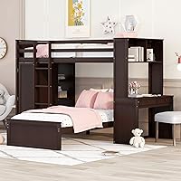 Vista 9 de DEINPPA Litera de madera individual sobre individual con escritorio integrado, cama individual alta con tres cajones, litera inferior convertible