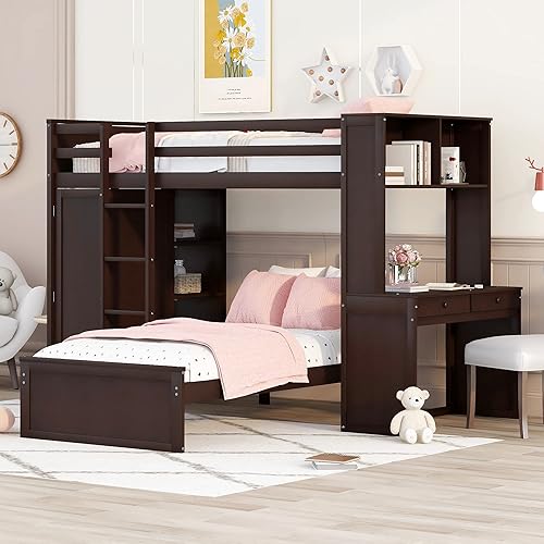 Versatility Twin Over Twin Bunk Bed with Built-in Desk and Wardrobe, Solid Wood Loft Bed & Stand-alone Platform Bed with Storage Shelves and Safety Guardrail for Kids Teens Adults (Espresso-W)