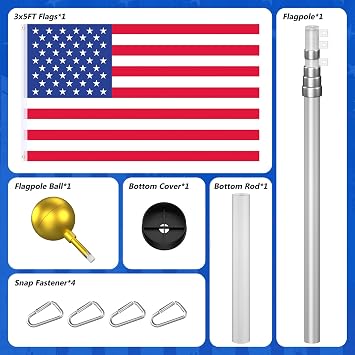 Flag Poles for Outside House Inground - Extra Thick Telescoping Flag Poles, Heavy Duty Flag Pole Kit with 3x5 American Flag (25FT, Silver)
