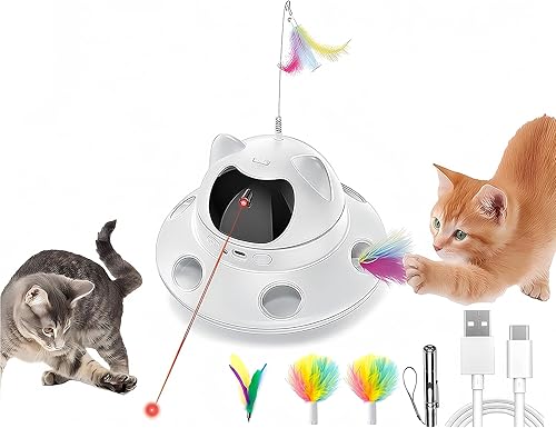 Juguete láser 3 en 1 para gatos y juguete interactivo automático activado por movimiento  6 agujeros Whack-A-Mole pluma y emboscada en movimiento