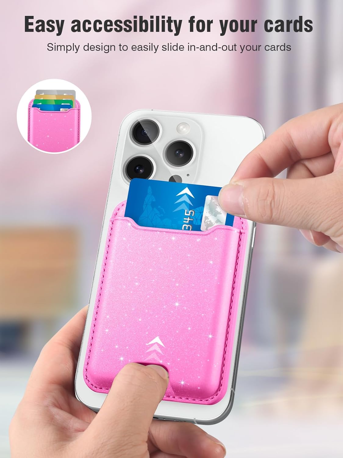 TopMade for Magsafe Wallet, Sparkle Magnetic Card Holder for iPhone 17, iPhone 16/15/14/13/12 Series, Leather Magnetic Phone Wallet with Powerful Magnet, RFID Blocking, Fit 4 Cards, Glitter Pink - Image 5