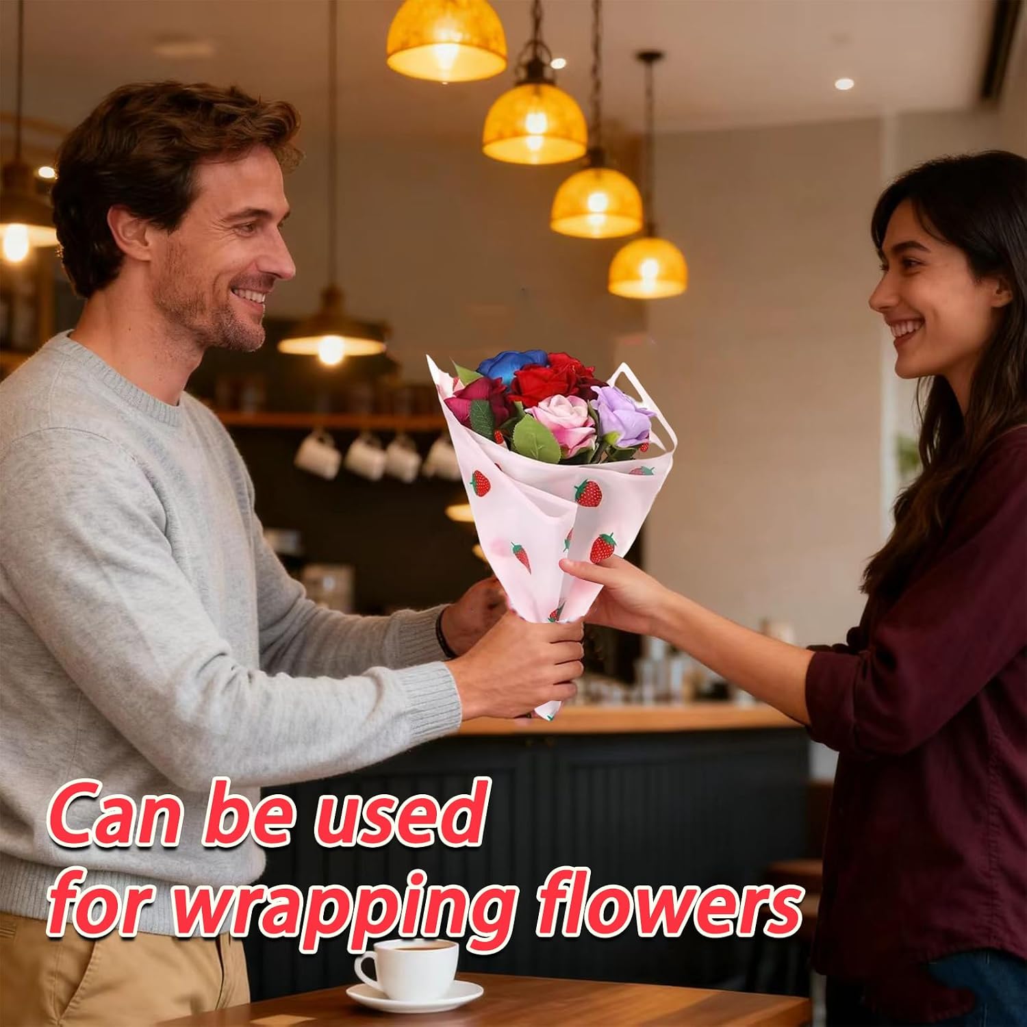 OYWOBET 20 Sheets Pink Florist Strawberry Wrapping Paper With Ribbon, Matte Flower Waterproof Floral Wrap Papers for Bouquets/Gift/Birthday/Wedding/Graduation