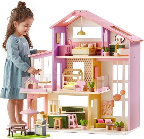 Tiny Land Modern Wooden Dollhouse with 7 Rooms and 49 Accessories, Pink