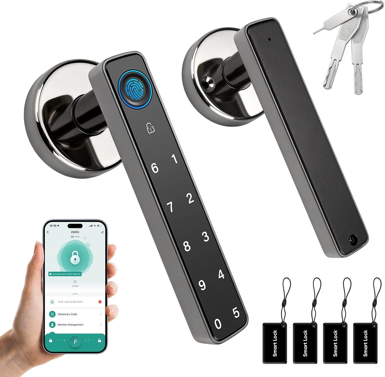 Smart Door Lock with Knob, Keyless Entry Door Locks with Handle, Fingerprint Door Knob with Keypad&App Control for Bedroom/Front Door/Apartment, Generate Passcode Remotely