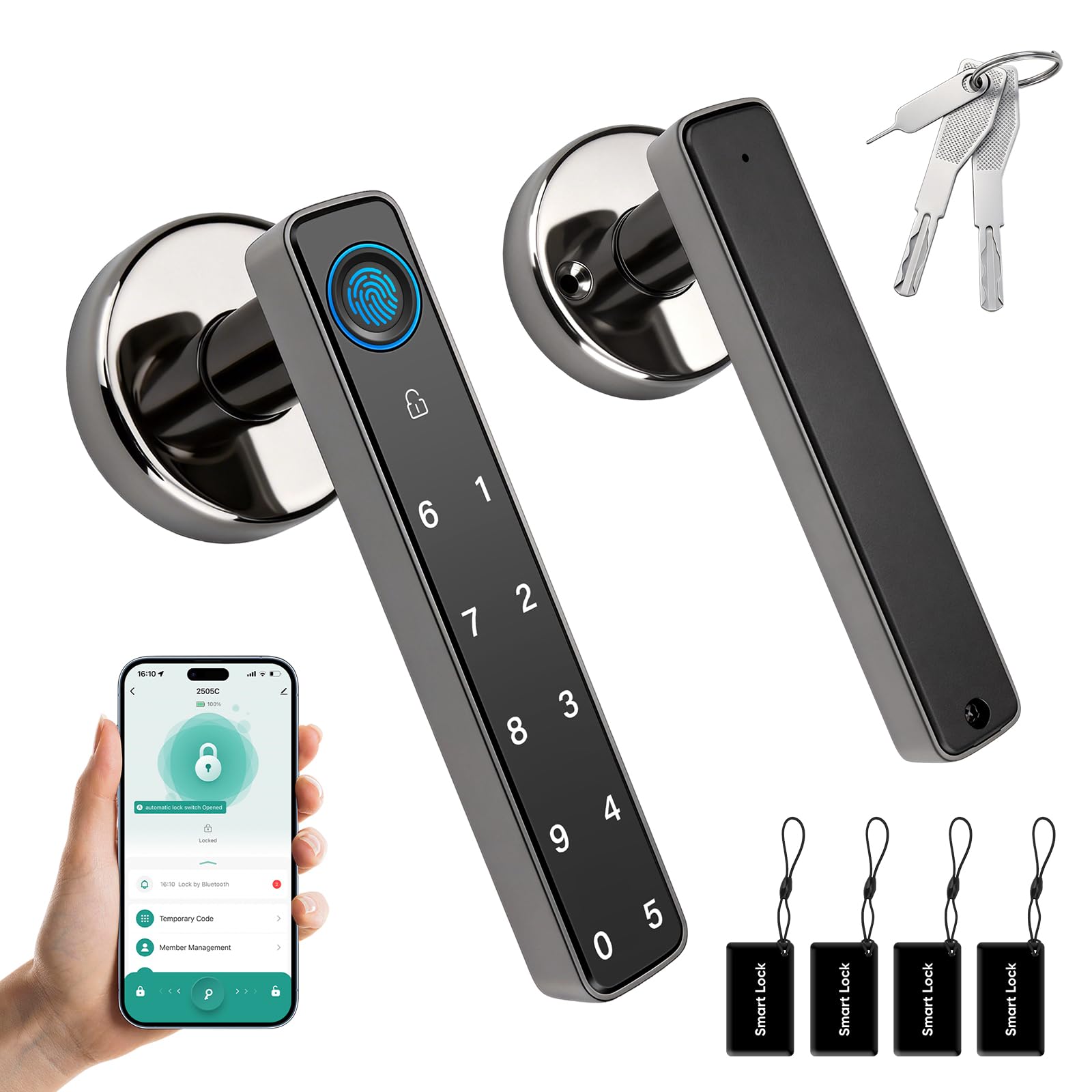 Cerradura Inteligente para Puertas, Cerradura de Puerta Inteligente de Huellas Dactilares con Manija Teclado, Control por App, Almacenamiento Local de Datos, 5 Métodos de Apertura, Sin Llaves