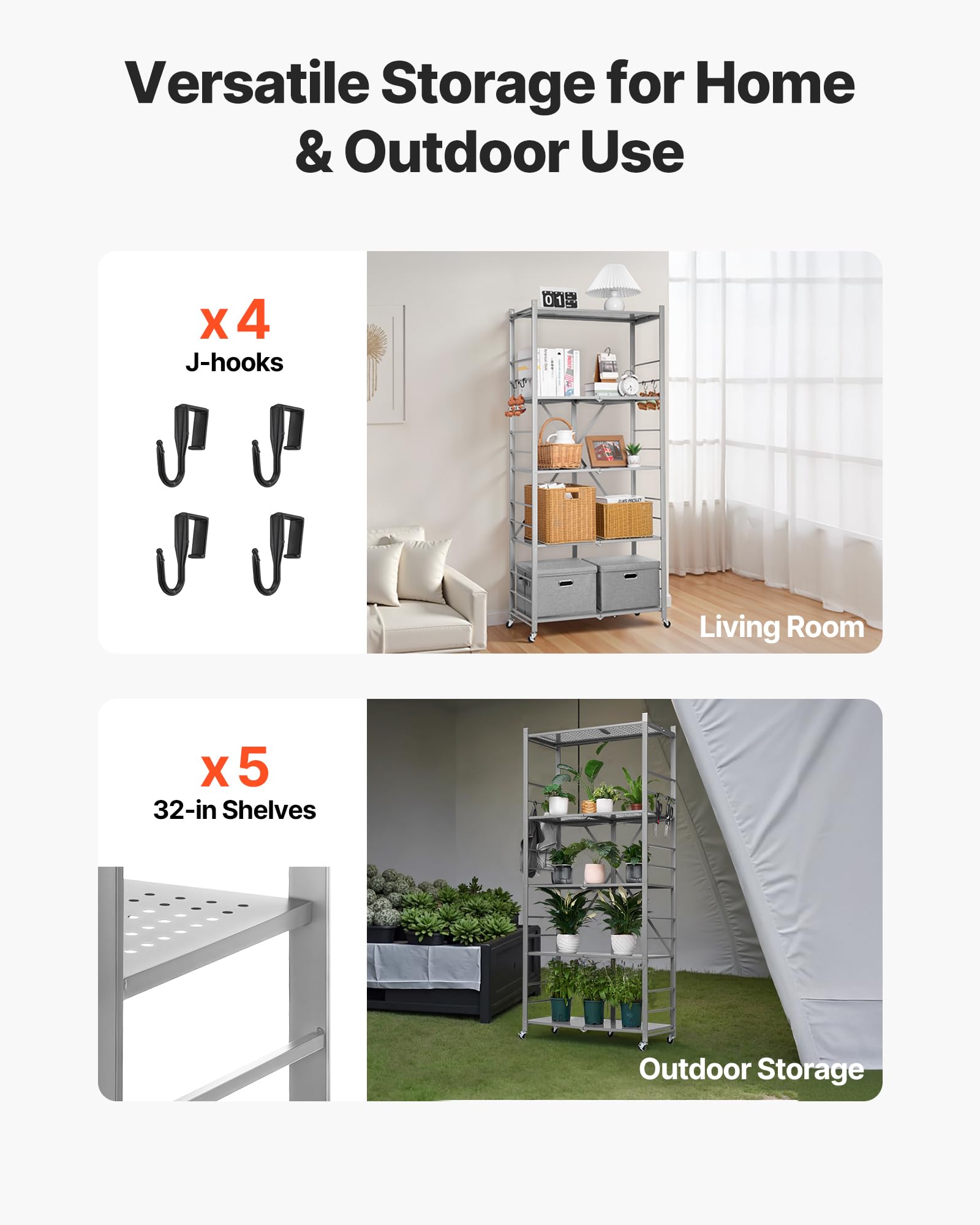 VEVOR Estante de Almacenamiento Plegable de 5 Niveles con Ruedas 81 x 36 x 183 cm Estantería Metálica Móvil Resistente, sin Necesidad de Ensamblaje, Organizador para Garaje, Cocina, Sótano, Gris