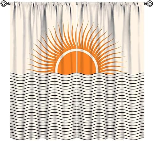 Miniatura 9 de Cortinas Retro de Atardecer, Bohemio de Mediados de Siglo Moderno Abstracto Amanecer Japonés Azul Ola del Océano Opacas Tratamientos de Ventana para