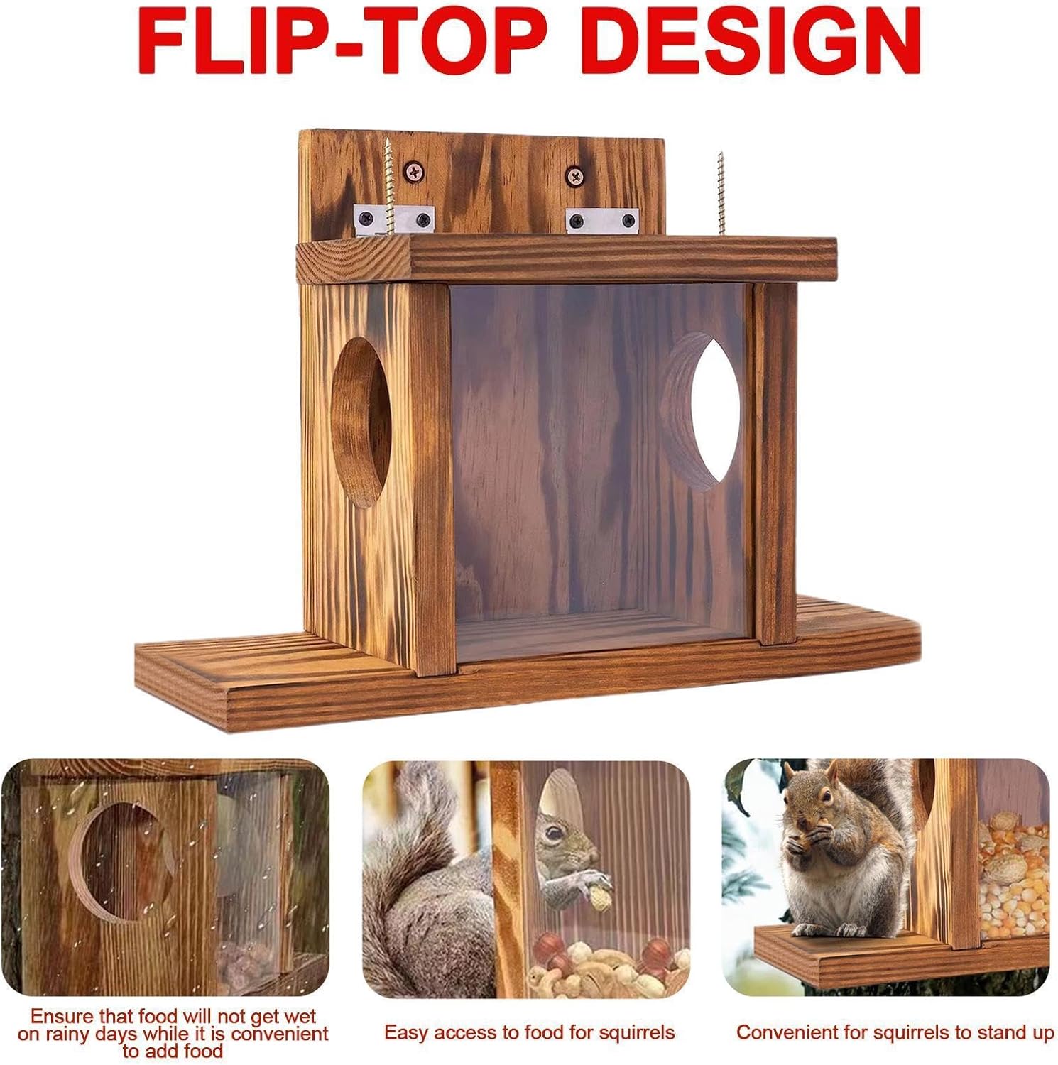 Wood Squirrel Feeder - Easy to Fill Feeder Picnic Table | Removable Squirrel Feederr | Carbonized Chipmunk Feeding House, Garden Decoration for Feeding Corn and