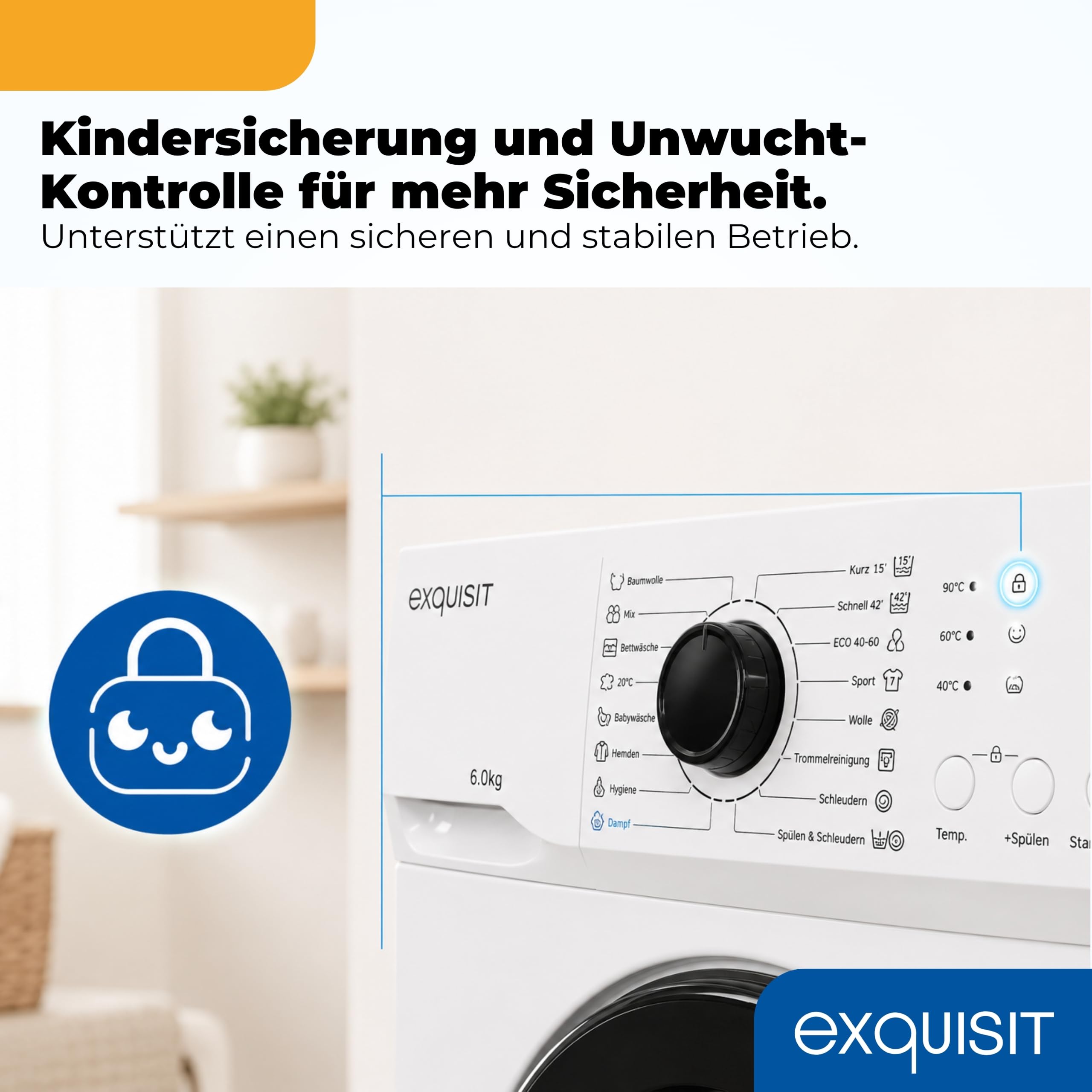 Exquisit Waschmaschine 6 kg Energieklasse A 16 Programme Aquastop 1000 U/min 44 cm Tiefe WA56110-020A Weiss