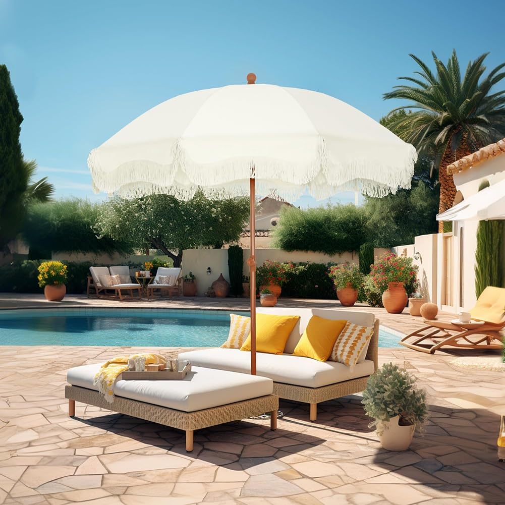 200 CM Przenośny Parasol Ogrodowy Boho Fringe, Parasol Ogrodowy na Patio, Ochrona UPF50+, Odchylany Parasol Plażowy na Balkon, Rynek, Podwórko