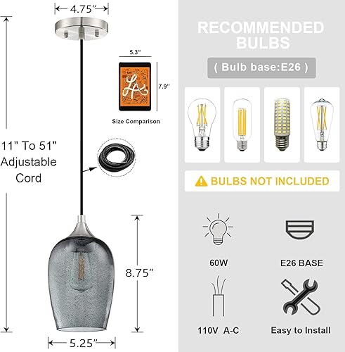 Miniatura 7 de Lámpara colgante para isla de cocina, luces colgantes de 5.1 pulgadas, lámparas de techo de vidrio soplado a mano, modernas luces de granja para