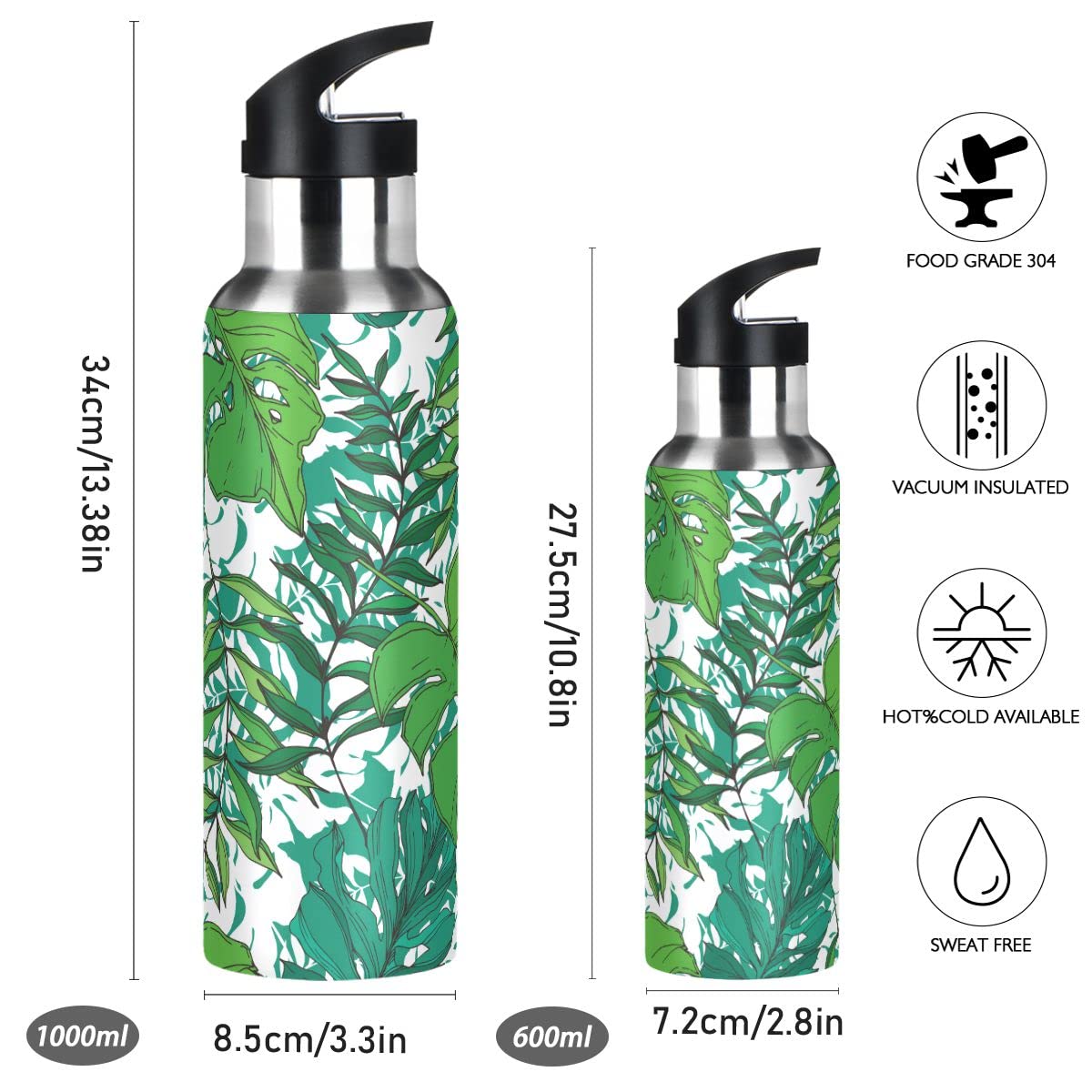 Edelstahl Wasserflasche mit Strohhalm, tropische Strandblätter Pflanze isolierte Trinkflasche Sport Wasserflasche für Kinder Erwachsene, auslaufsicher, 1L