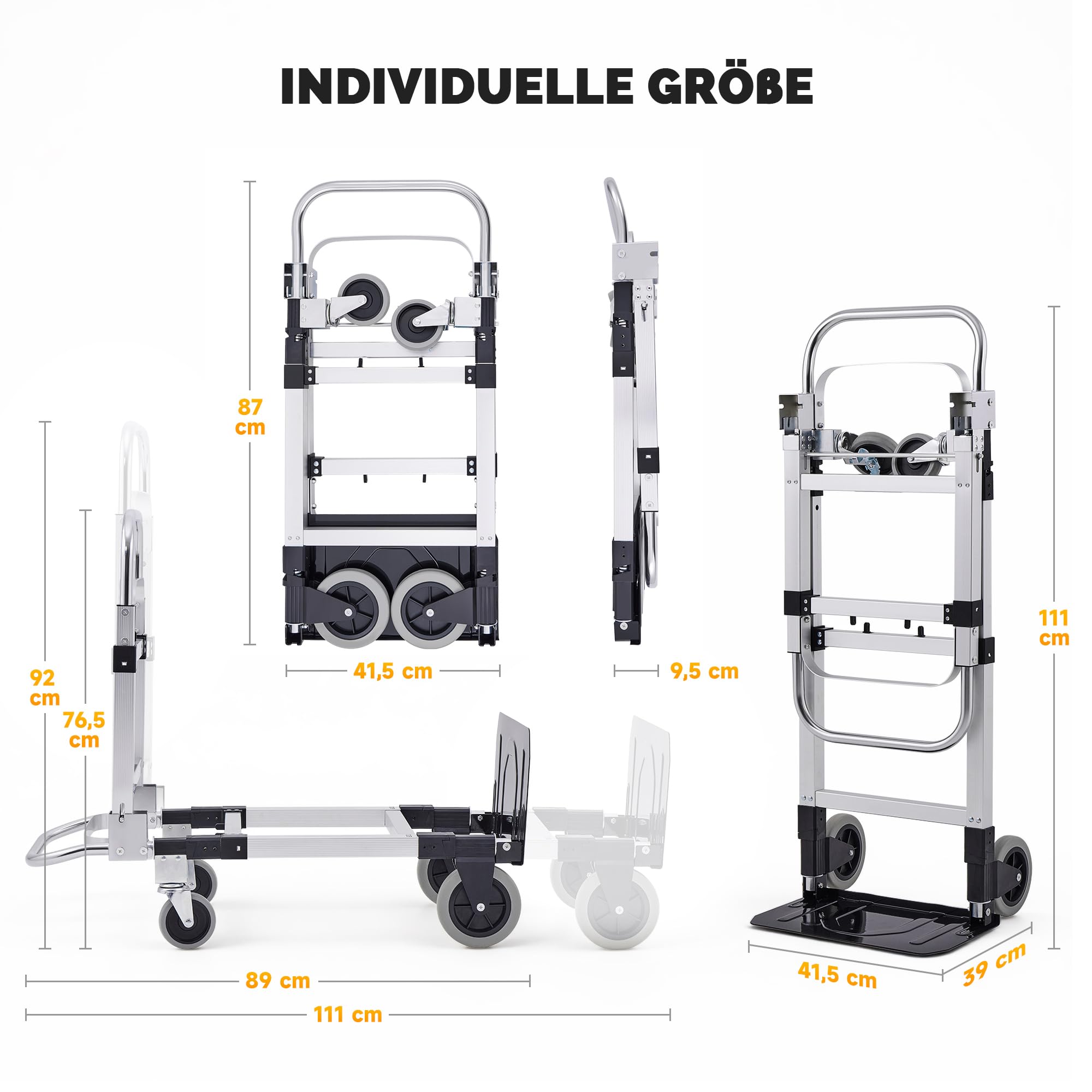 CREWORKS 2-in-1 Sackkarre Klappbar Aluminium Transportkarre Höhenverstellbar Plattformwagen mit Feststellbaren Schwenkrädern, 2 Gurten Tragkraft 270kg Handwagen Leicht Transportwagen für Transporte