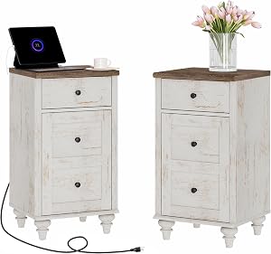WAMPAT Set of 2 End Table with Charging Station, Wood Nightstands with Drawer and Storage Cabinet, Modern Side Tables Living Room, Farmhouse Night Stands Bedside Table for Bedroom, Rustic White