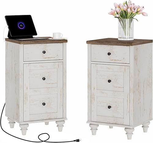 Miniatura 8 de WAMPAT Mesitas de noche con estación de carga, juego de 2 mesas auxiliares con tomas de corriente y puertos USB para sala de estar, mesa auxiliar