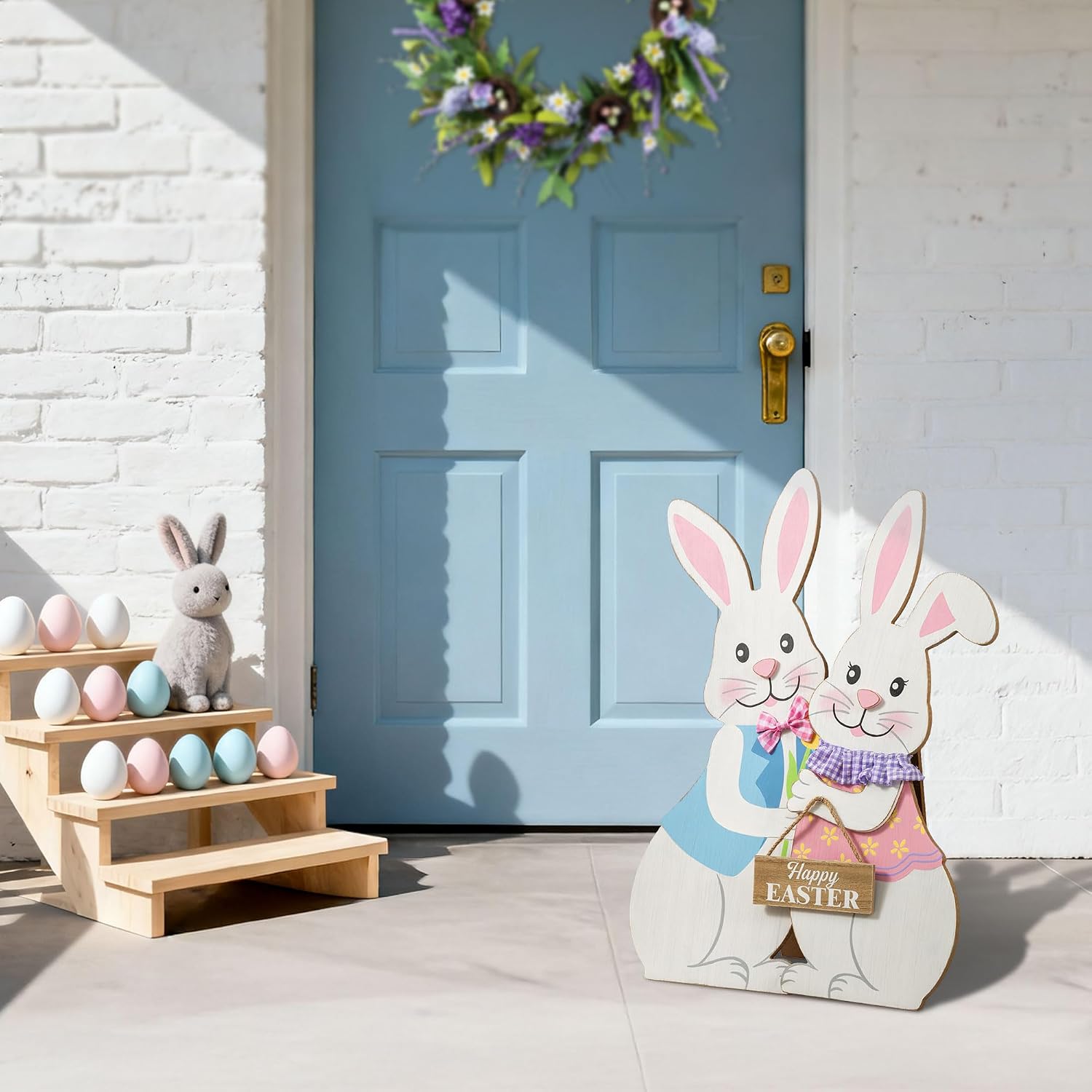 Glitzhome Set of 2 24"H Easter Wooden Bunny Porch Decor,Vertical Welcome Sign for Front Door Outdoor Spring Easter Party Decor image 2