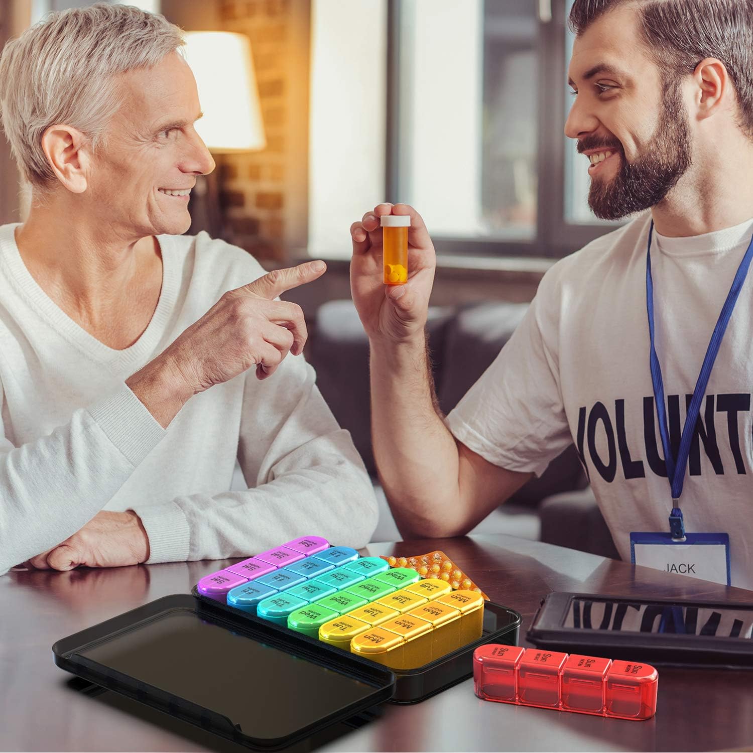 Weekly Pill Organizer, Large Pill Box Case (7-Day / 4-Times-A-Day) with Big Compartments to Hold Plenty of Fish Oils, Vitamins, Morning noon Night Medication Dispenser (Black & Rainbow) : Health & Household