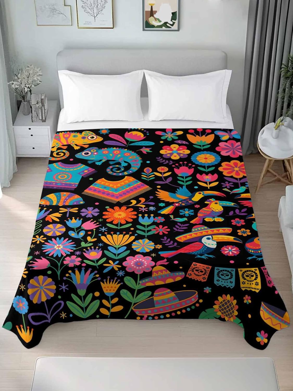 Colorful Cartoon Full Size Sheets - Hotel Quality Full Flat Sheet Only 1 Pack, Funny Flowers Guitar Animals Ethnic Art Soft Bed Sheet Brushed Microfiber Bedding Top Sheets for Home Dorm