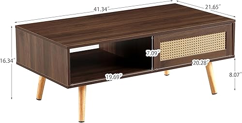 Miniatura 30 de Mesa de centro de madera de 41.3 pulgadas con almacenamiento, mesa de sofá central rectangular moderna con panel de puerta deslizante de ratán de