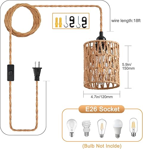 Miniatura 6 de Lámpara colgante enchufable, lámpara colgante industrial con cable de enchufe, cuerda de cáñamo, interruptor de encendidoapagado, lámpara colgante
