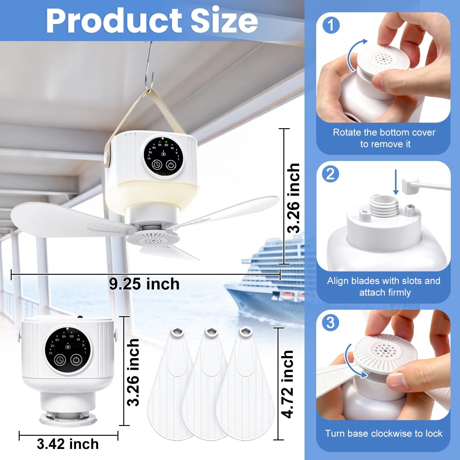 Magnetic Cruise Fan Portable Ceiling Fan for Cruise with LED Hanging Ceiling Fan, Remote&Timer&4 Speeds Hook Design for Cruise Cabin, Bedroom Sleeping, Camping, Travel & Cruise Essentials 2026