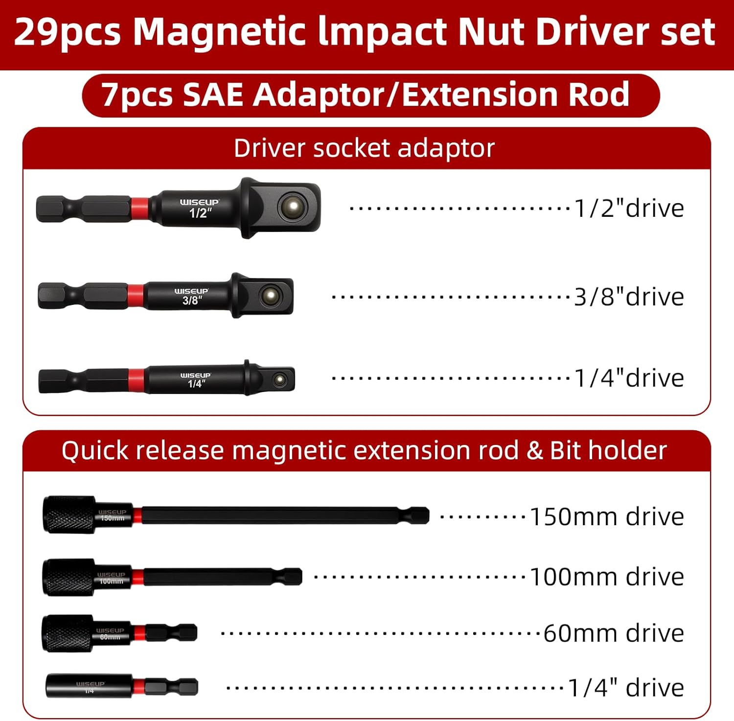 WISEUP 29PCS Magnetic Nut Driver Set，Impact Drill Driver Bit Set & 1/4" Hex Shank，Cr-V Steel SAE & Metric Power Nut Drivers，Includes Magnetic Bit Holder, Quick Release Extension with Storage Bag