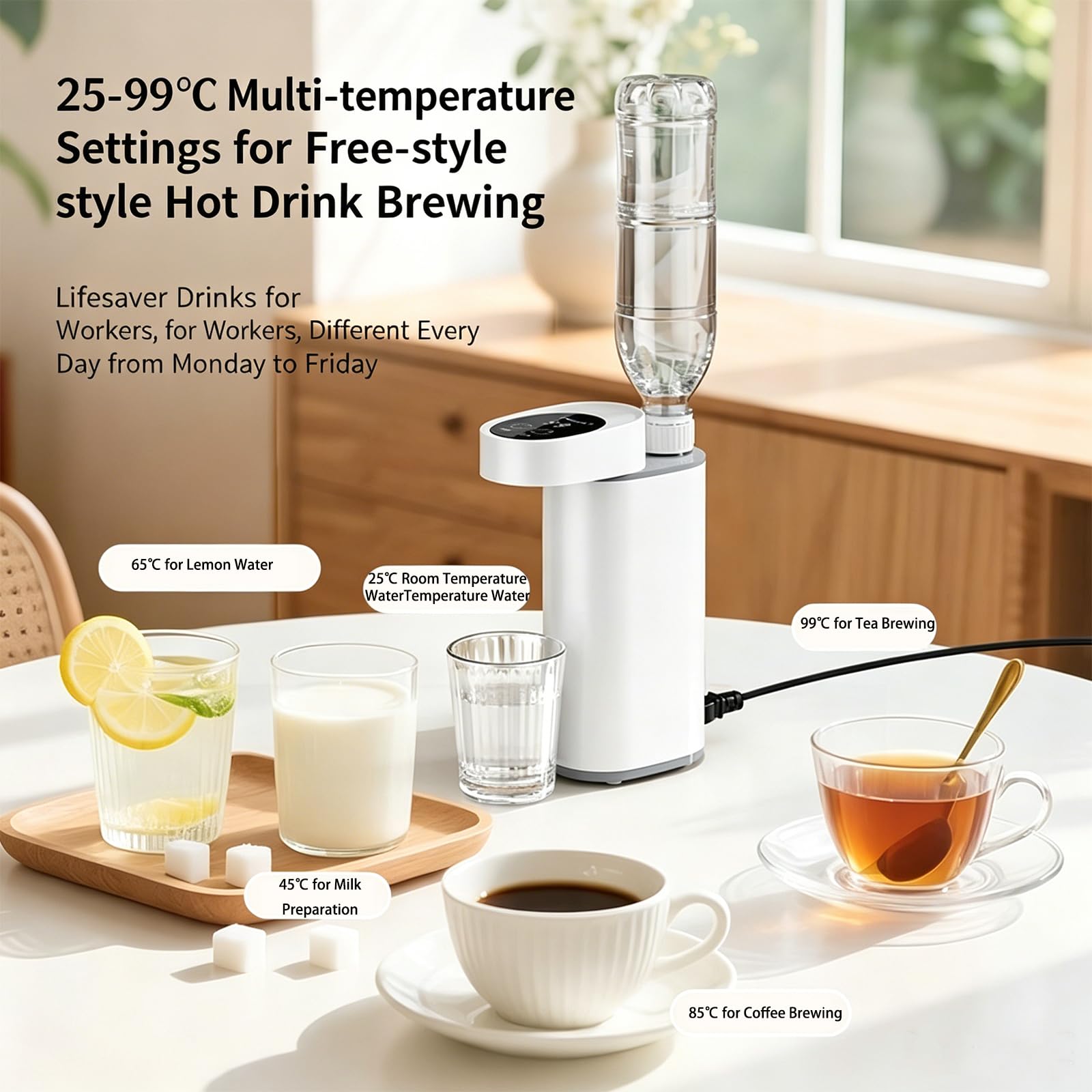 Dispenser d'acqua calda istantaneo portatile 3s con 5 impostazioni di temperatura (45°C-99°C), doppio ingresso dell'acqua e protezione contro la secchezza, piccolo bollitore portatile per acqua calda