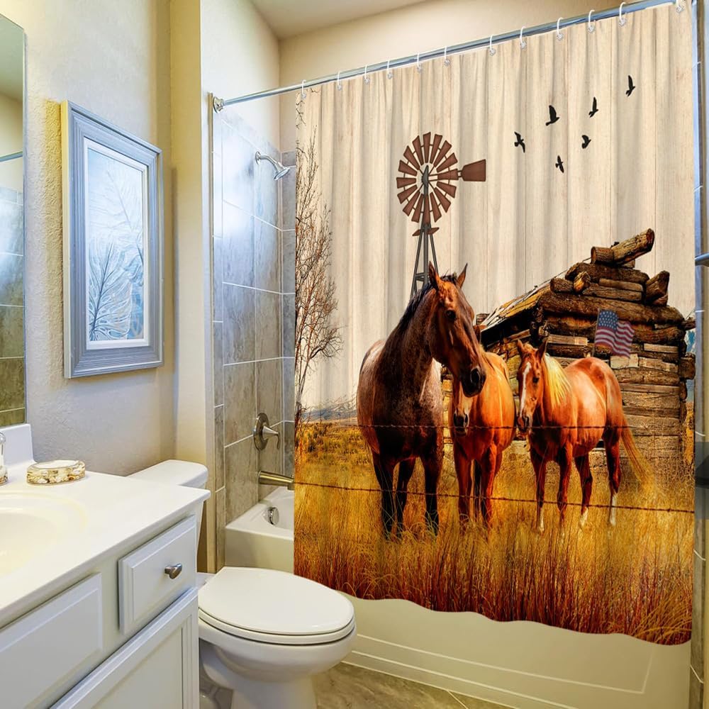 Western Horse Shower Curtain Farm Animal Barn Windmill Country Farmhouse Vintage Art Bathroom Decor Set Bath Curtains Washable Polyester Fabric with Hooks 70Wx84H Inch