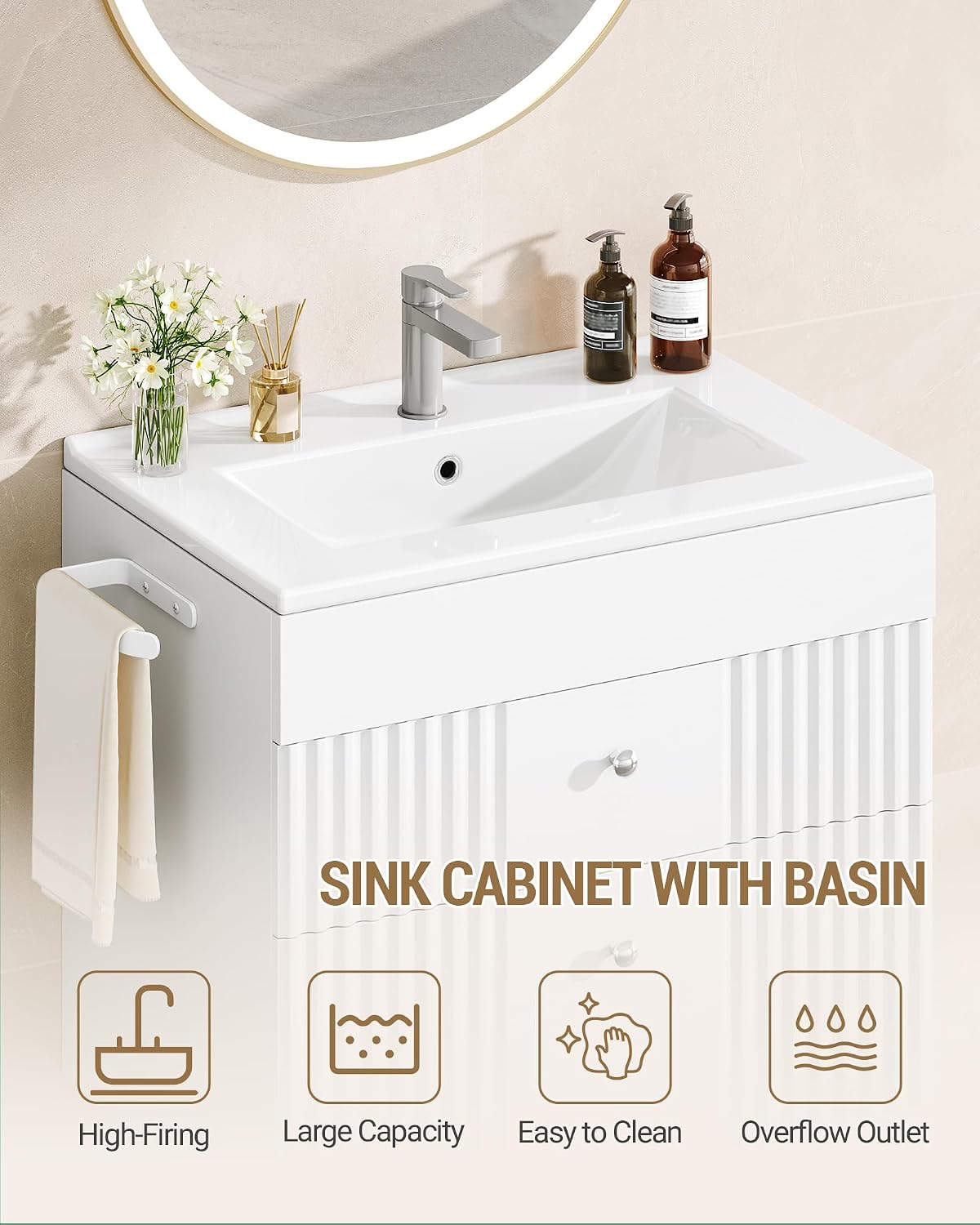 Hzuaneri 600 mm Bathroom Vanity Unit, Wall Mounted Vanity Bathroom Unit with Ceramic Basin, Floating Bathroom Sink Cabinet with 2 Drawers, White, BC64103X