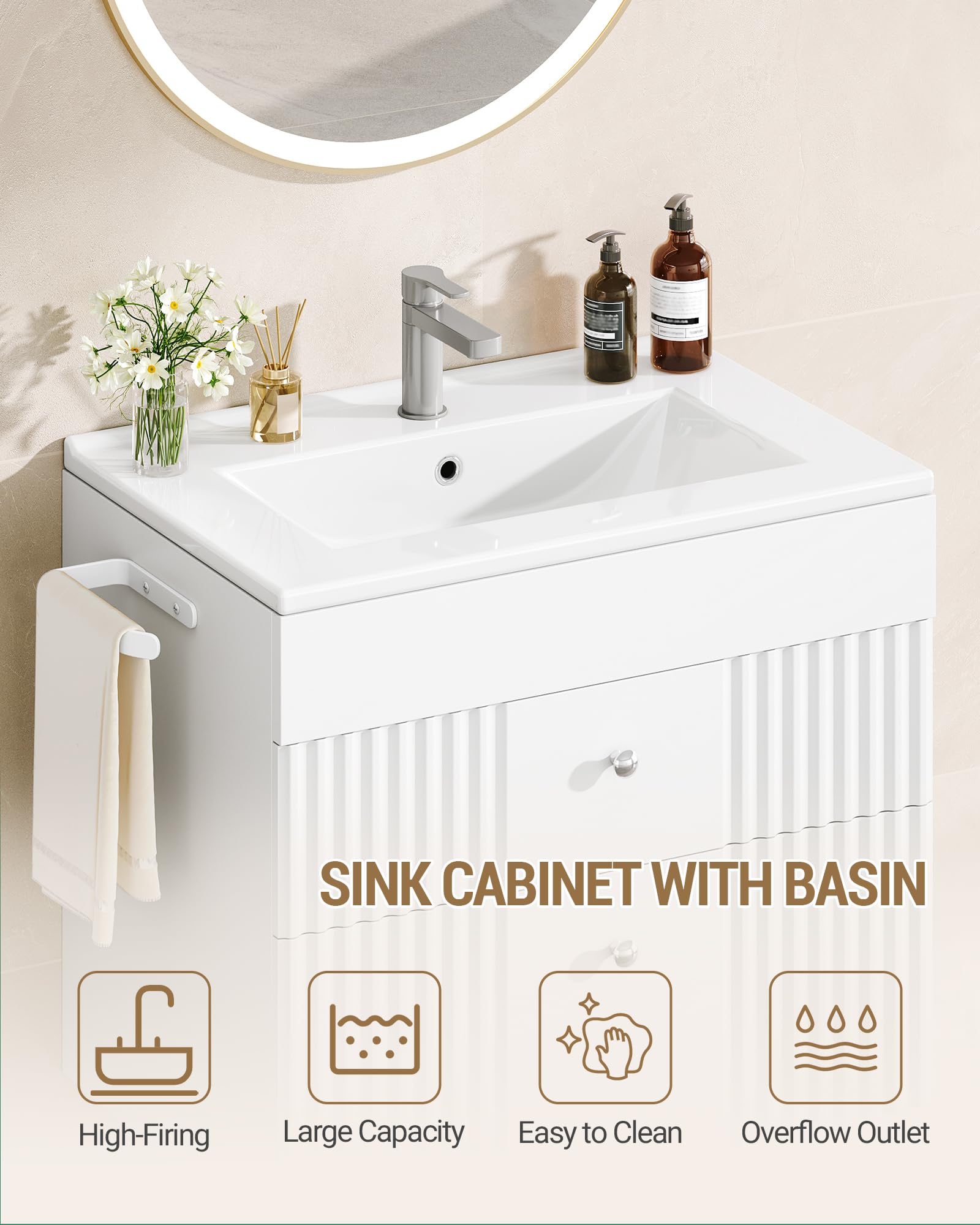 Hzuaneri Mueble de Baño Suspendido, con Lavabo Integrado, Armario de Baño con 2 Cajones, Toallero, Gran Capacidad de Almacenamiento, Moderno, 40 x 60 x 50 cm, Blanco BC64103X