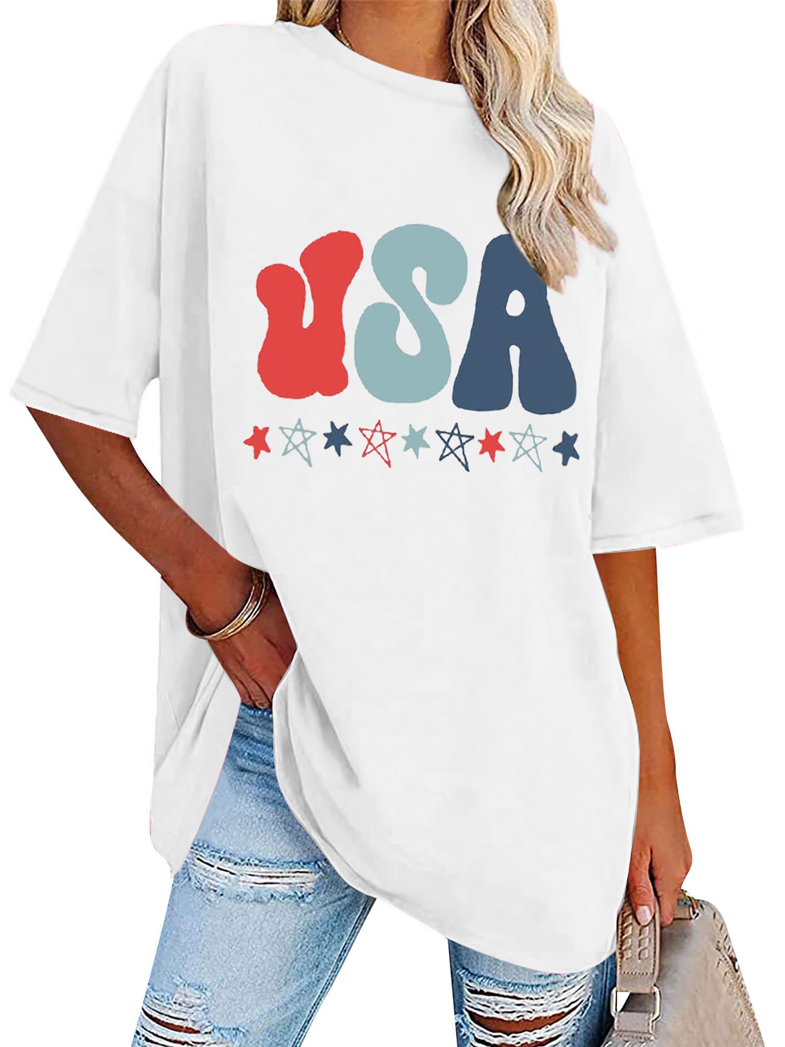 American Flag T Shirt Women 4th of July Oversized Shirts USA Stars Patriotic Short Sleeve Loose Fit Tops