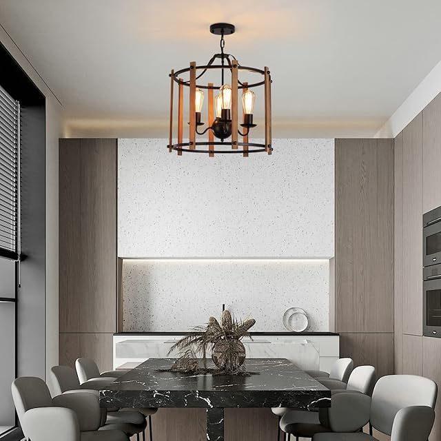 Eoodis Vintage Chandelier, 4-Light Chandelier, Adjustable Hanging Chain, Wooden Pendant Lighting for Entryway Balcony Kitchen Living Room Foyer Dining Room (Bulb not Included)