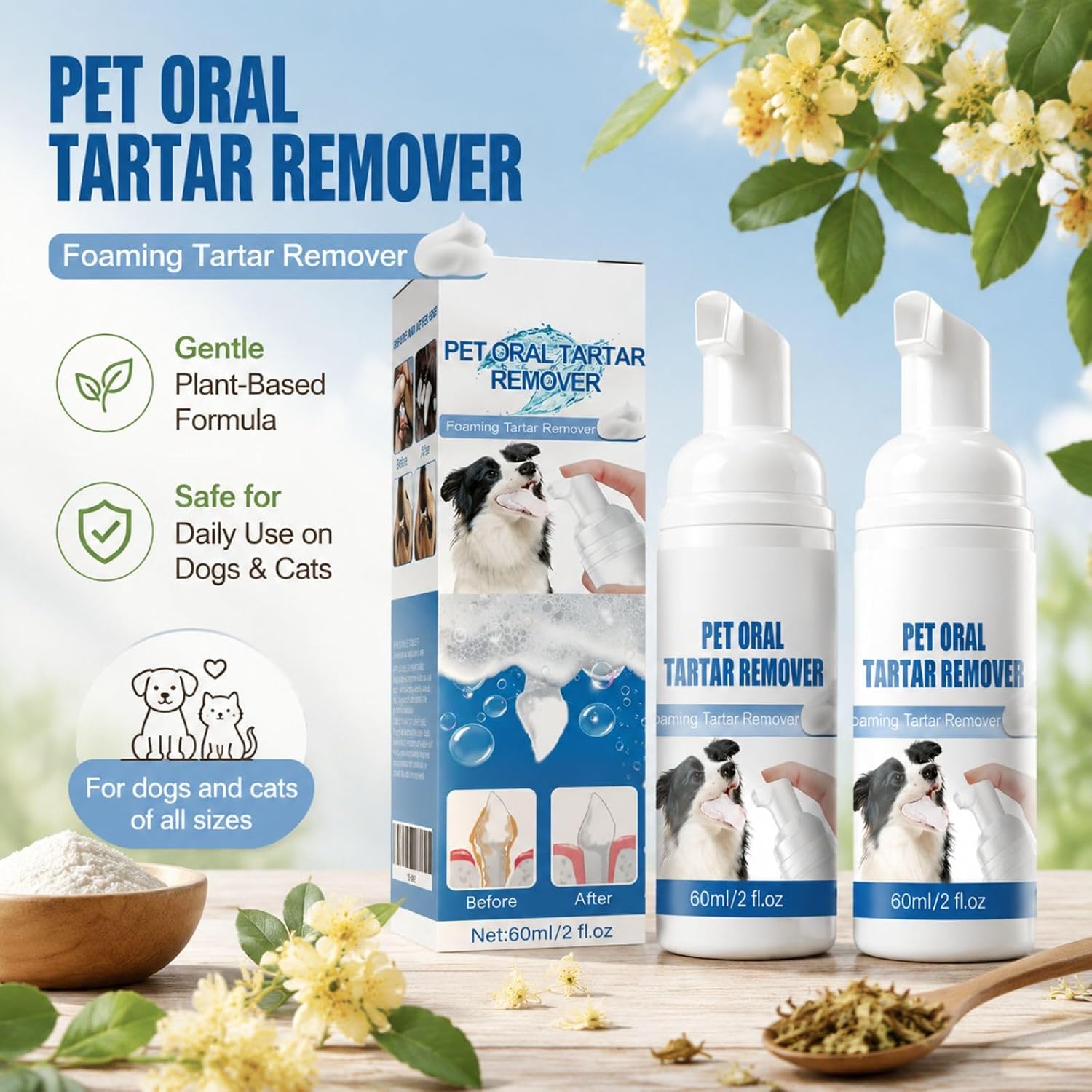 2PCS Pet Oral Tartar Remover Spray, Dog Cat Foaming Dental Care | No brushing needed, helps reduce pet odors, supports clean teeth & healthy gums, mild formula, portable for travel