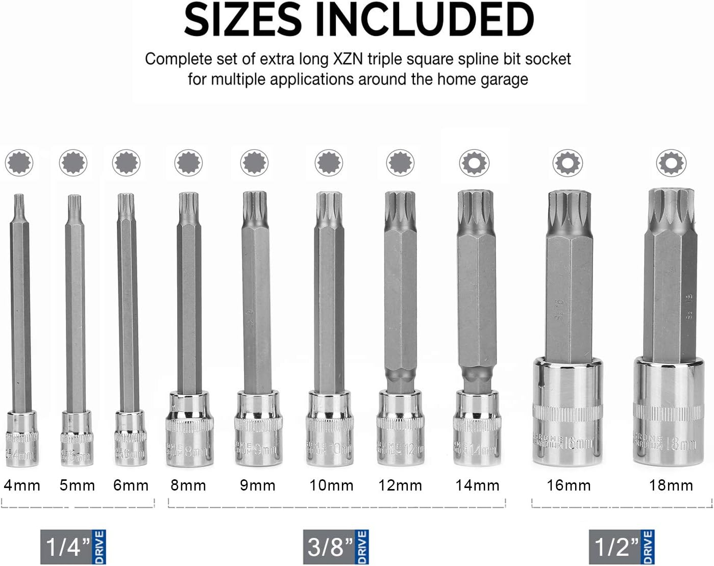 Renekton XZN Triple Square Spline Bit Socket Set, 1/2" 3/8" 1/4" Drive, M4 - M18, S2 and Cr-V Steel, Extra Long 4" Length, 10 Pieces