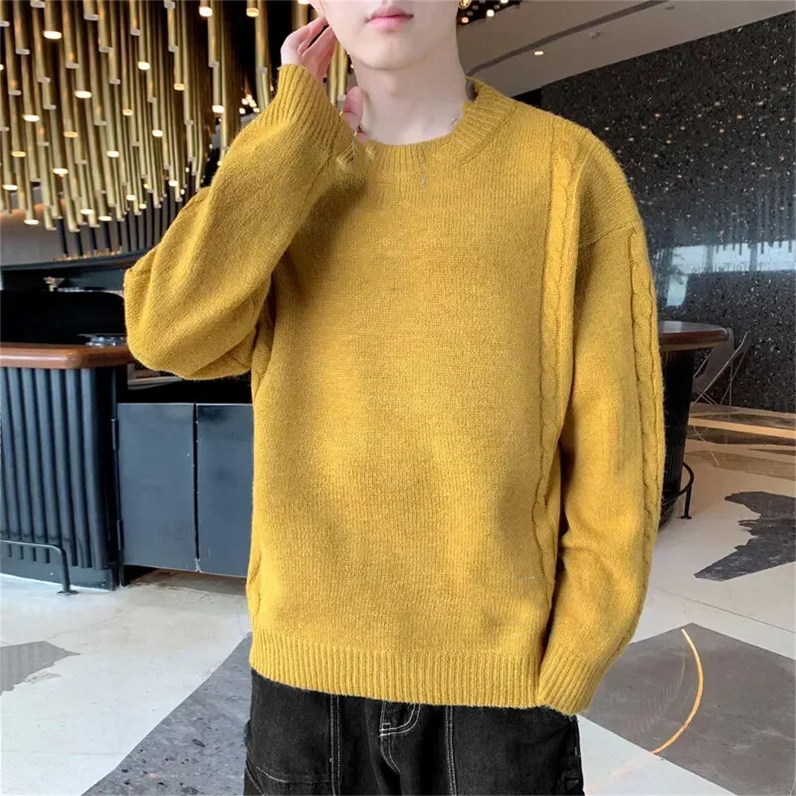 Maglione giallo Uomini Inverno Solido Maglioni di Lana Slim Fit Uomo Streetwear O-Collo Maglione Lavorato A Maglia Retrò Pullover per Gli Uomini