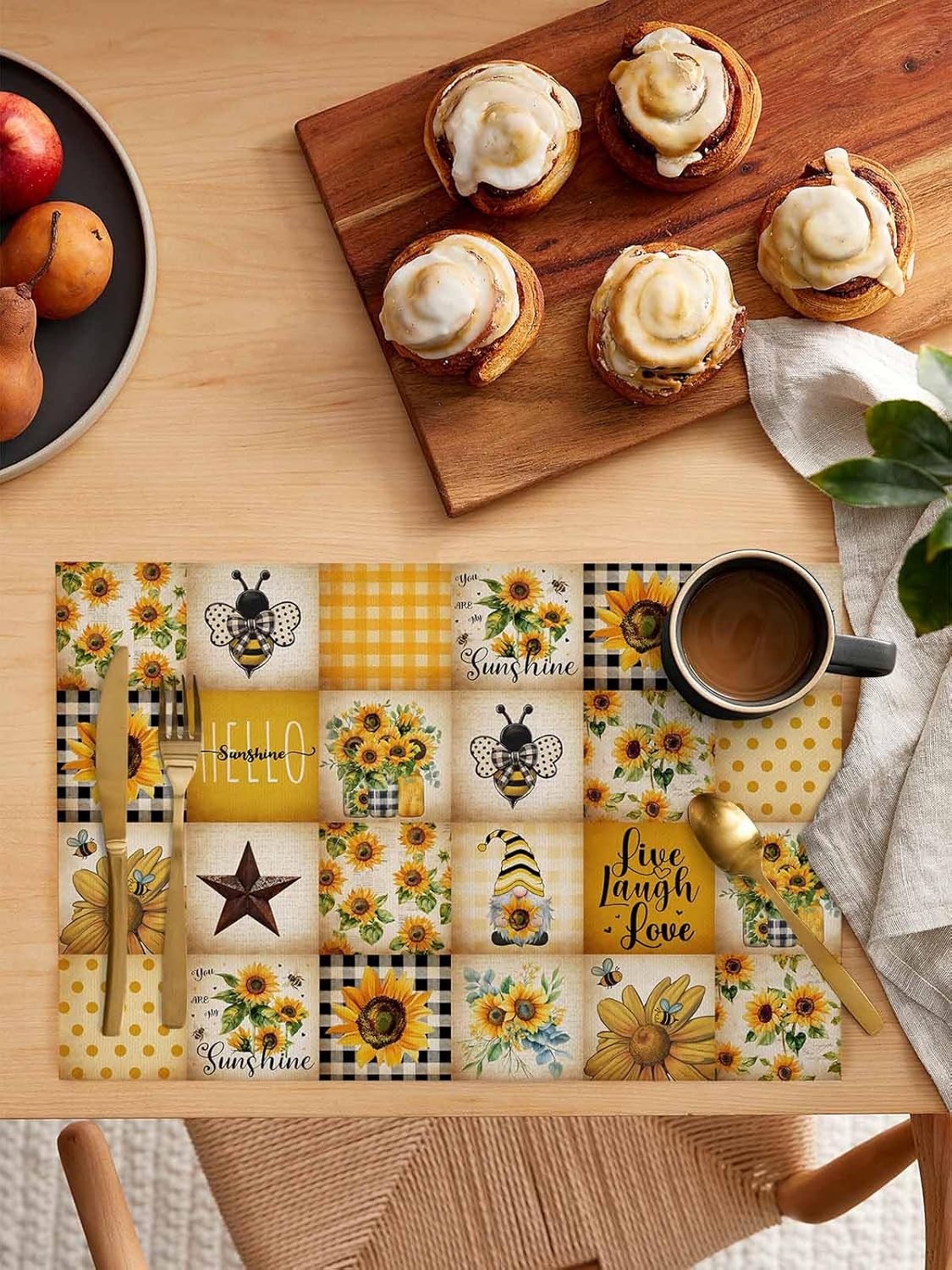 Farmhouse Placemats for Dining Table Yellow Plaid Bee Gnome Sunflower Table Mats Washable Modern Outdoor Indoor Placemats for Home Party Wedding Holiday Decor, Set of 6
