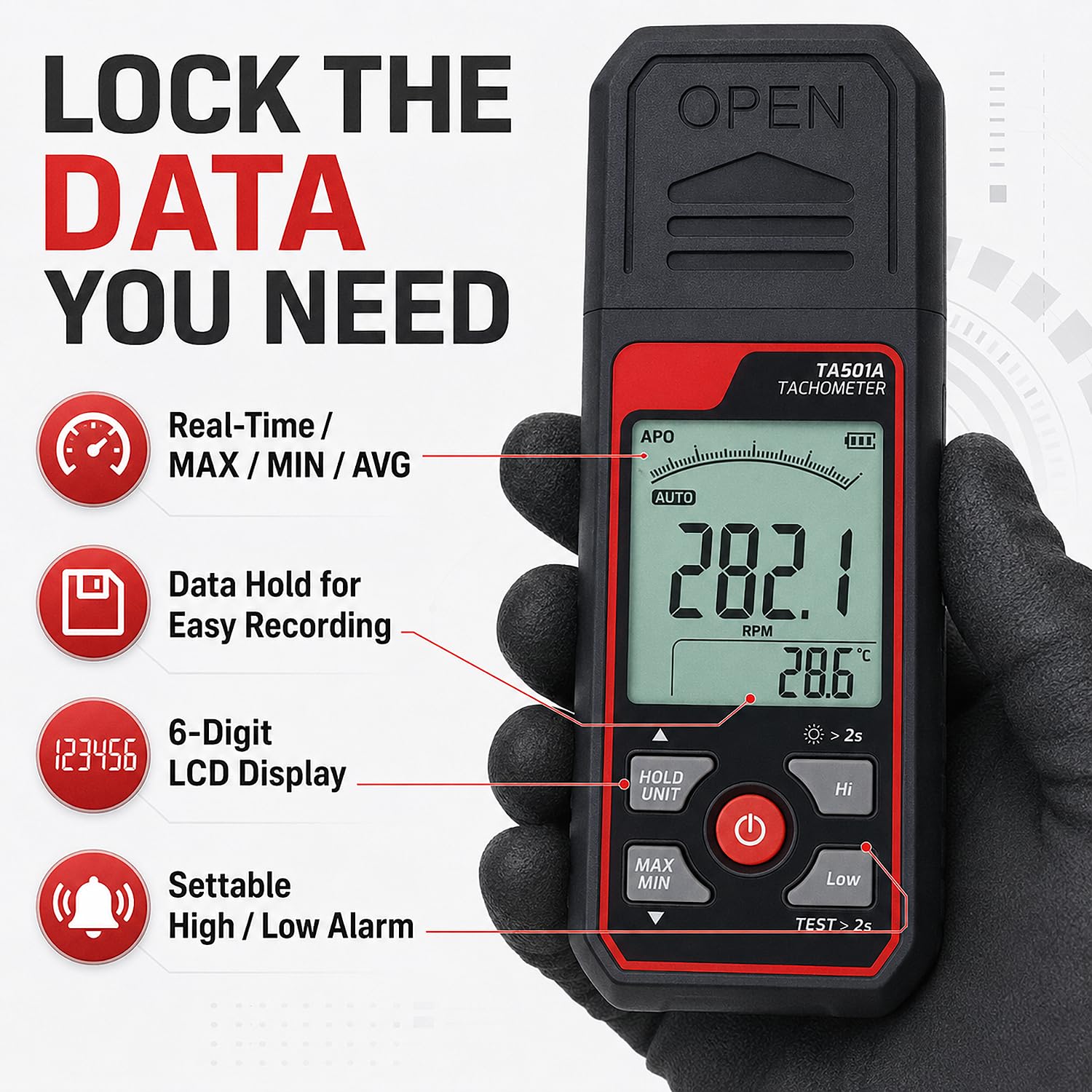 Tachimetro Digitale Senza Contatto, 2,5 a 999.999 RPM Misuratore Fotoelettrico Della Velocità di Rotazione, Precisione Dello 0,05%, Con Allarme, per Il Controllo Della Velocità di Motori E Ventole