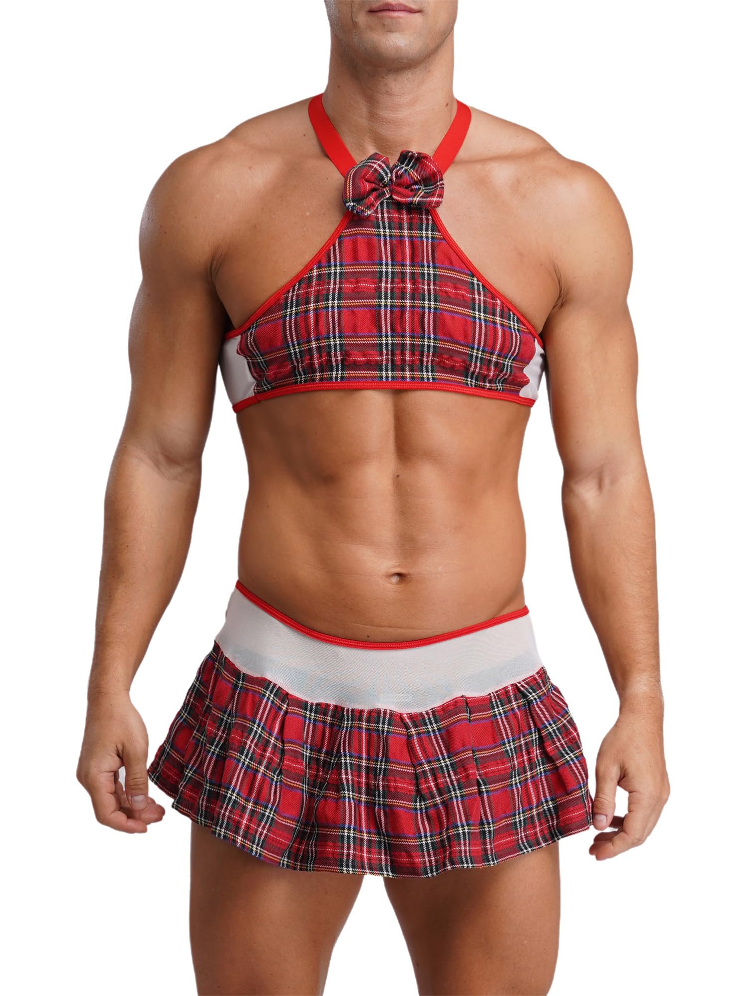 CHICTRY Men Male Cosplay Schoolgirl Outfits Sissy 2 Pcs Mini Skirt Set Adult Plaid Suit Costume Red XL