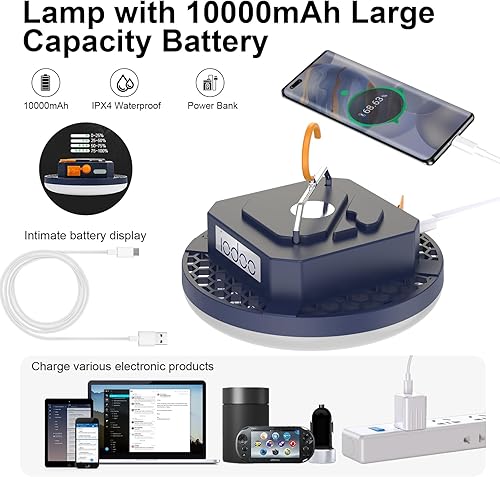 Miniatura 7 de Lámpara de campamento a prueba de insectos de luz roja 2025, 10000 mAh, recargable, 3000 lúmenes, luz de campamento, 6500 K, 24 horas de tiempo de