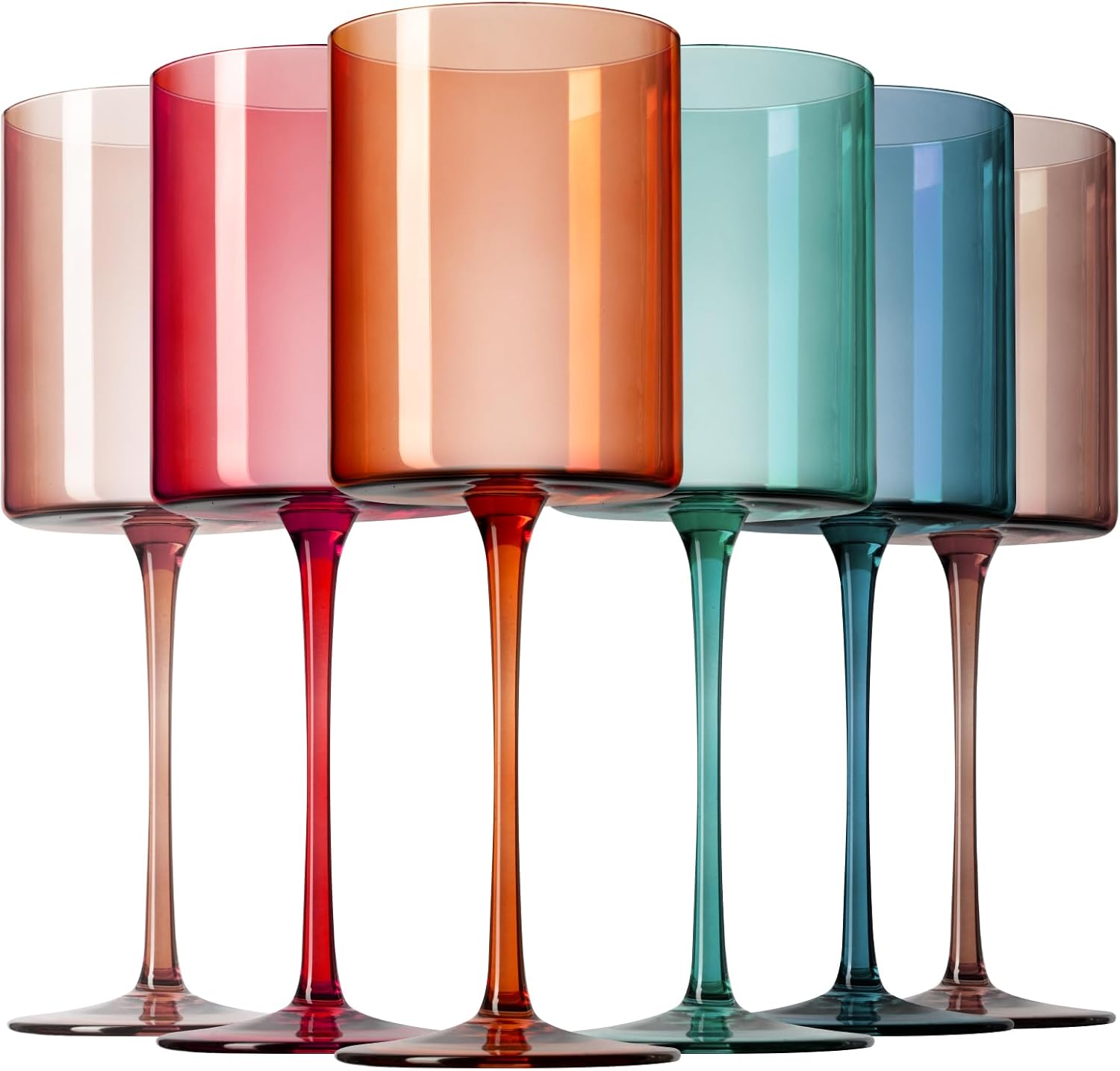 Chouggo Colored Square Wine Glasses Set of 6, Hand Blown Long Stem Premium Crystal White Red Wine Glass, Great Gifts for Wife & Mom, Wedding, Anniversary, Christmas, Birthday