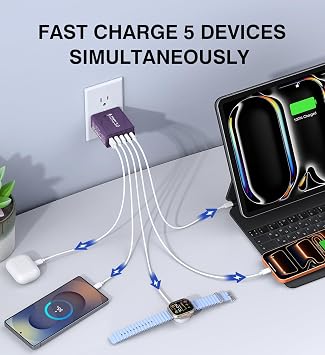 [2Pack] 60W USB C Plug,5-Port Fast Charger Block PD+QC Cube Wall Charging Box Brick for iPhone 17/16/15/14/13 for Samsung Galaxy S25/S24/S23/S22/S21+/S21 Ultra, Magsafe Wireless Charger,(Purple)