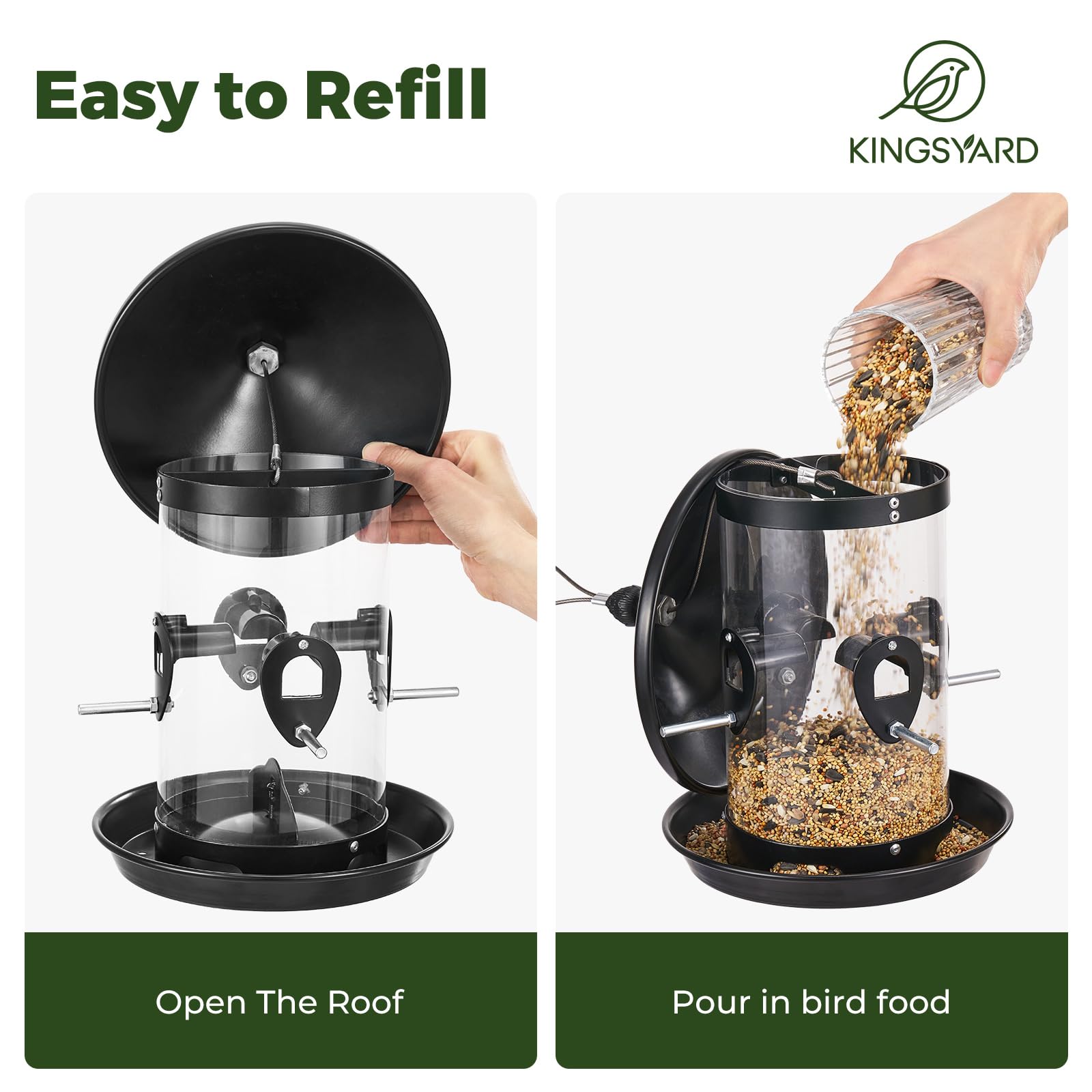 Kingsyard Comedero de metal para pájaros para colgar al aire libre, comederos de tolva con bandeja de semillas, tubo de gran capacidad de 3 libras con 4 puertos, fácil de llenar y limpiar, color negro