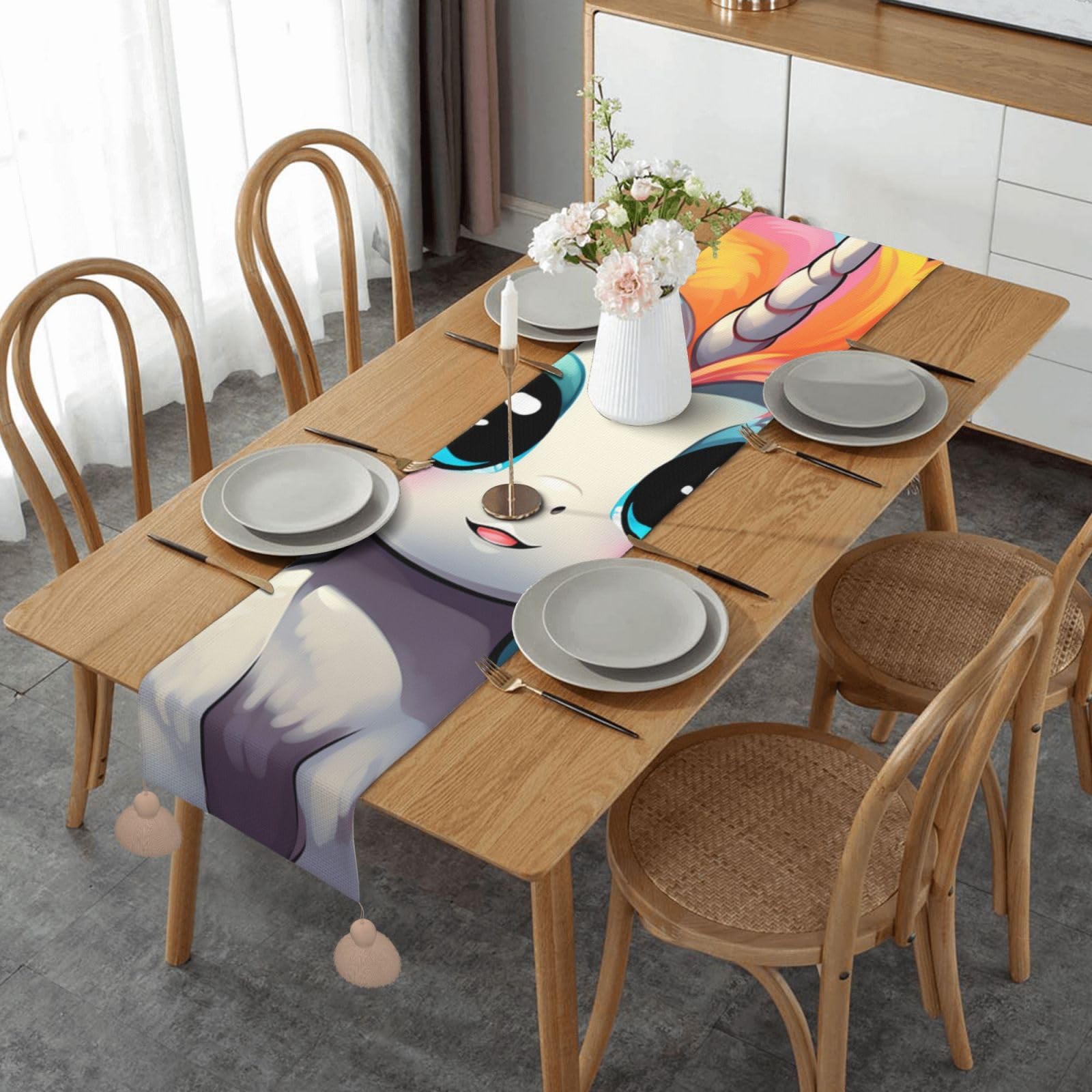 Chemin de table en lin motif licorne pour repas de fête en famille