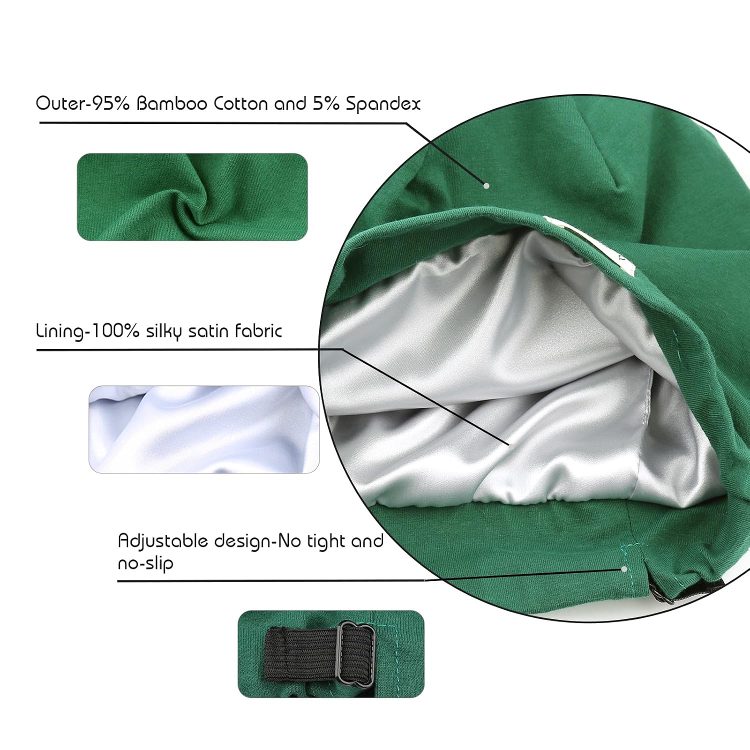 Kids Cotton Sleep Cap - Satn Lined Bamboo Cotton Bonnet with Adjustable Stretch Band for Sleeping - Soft Hair Cover for Girls with Curly Hair, Braids & Bedtime, 1 Pack Dark Green