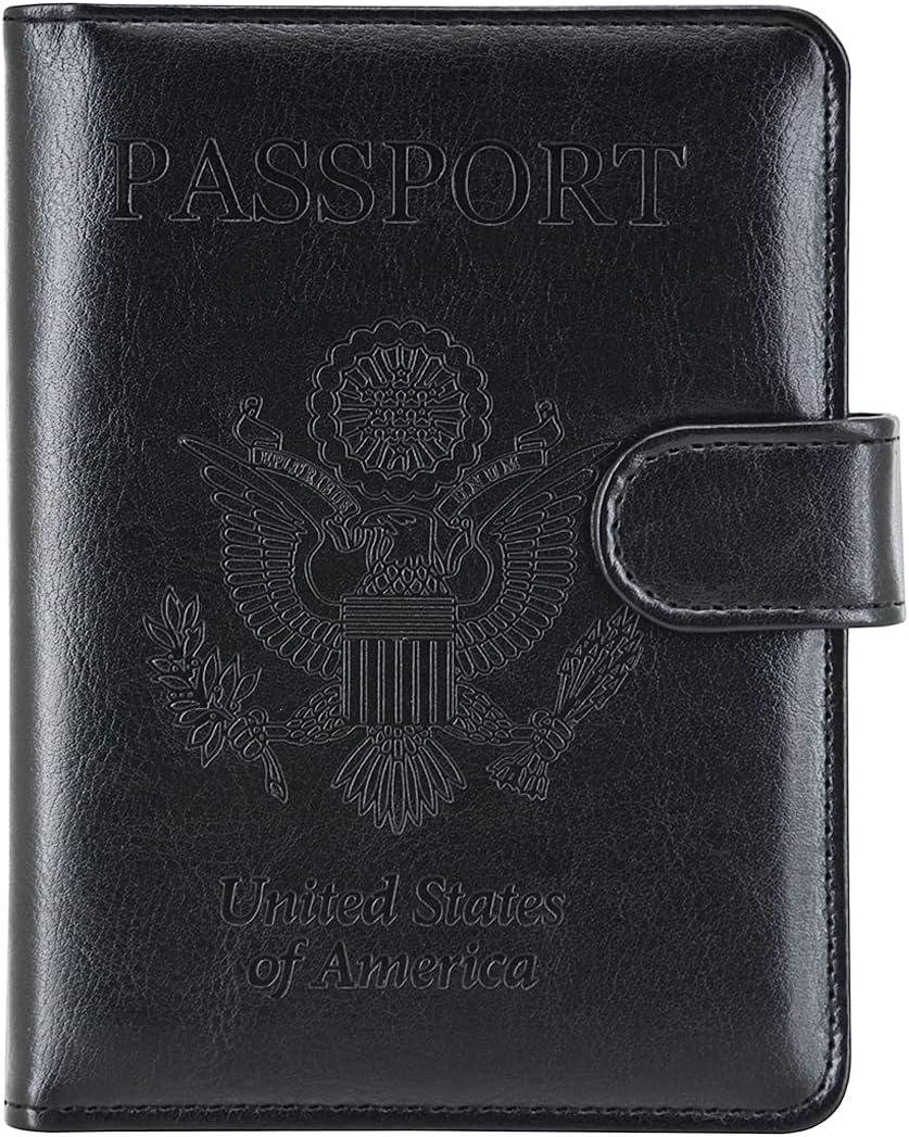 KINGMAS Passport Holder Cover, Vaccine Card Holder RFID Blocking Travel Passport Wallet Leather Case for School Bussiness Trip Travel and Go Abroad (Black, Magnetic Buckle)