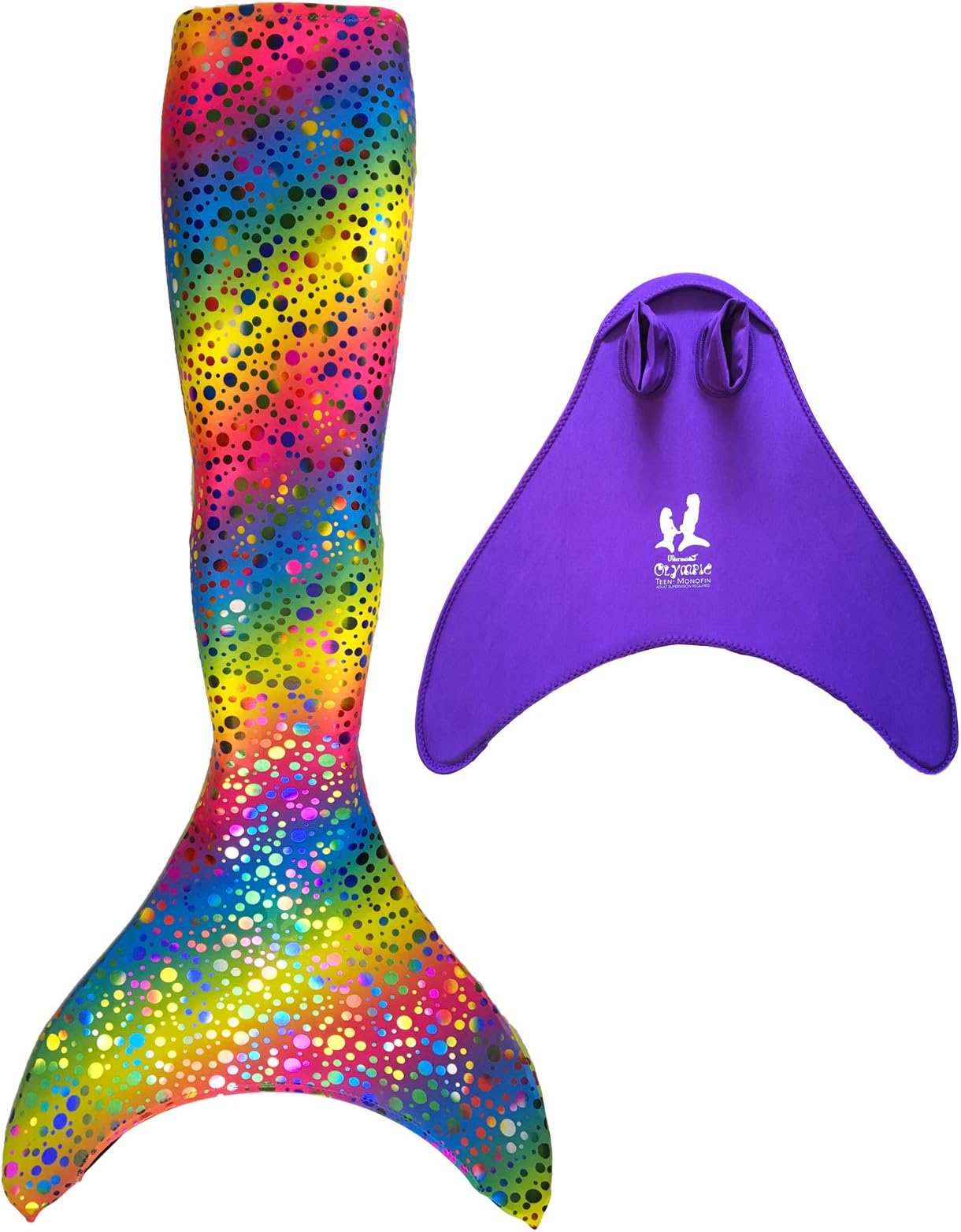 UraMermaid Holographic Mermaid Tails For Swimming - 2 Piece Mermaid Costume Includes Olympic Monofin (10-11, Rihanna's Rainbow Bubbles)
