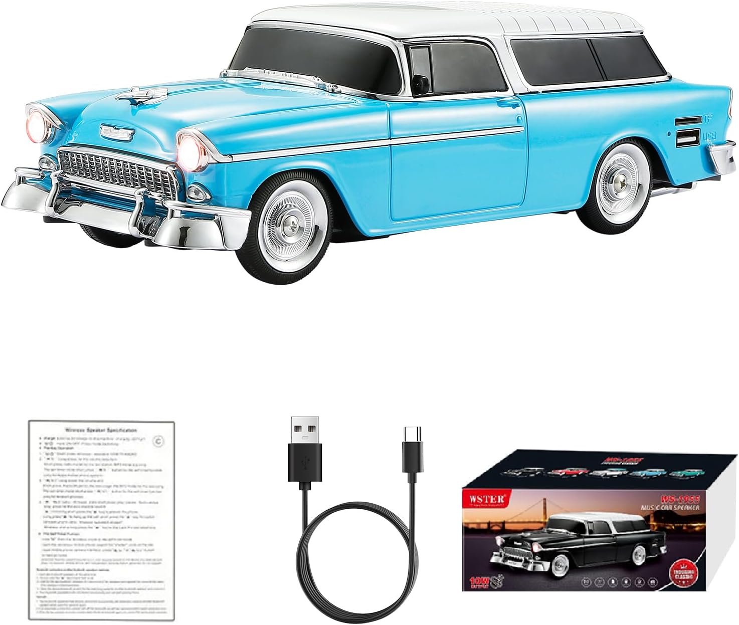 WSTER WS-1955 Retro Sedan Bluetooth Replica Speaker – Portable Wireless Car Model with HD Sound, TWS, FM, LED Party Light, USB/TF, Type-C, Hands-Free Mic for Car Enthusiasts & Home Audio(Blue)