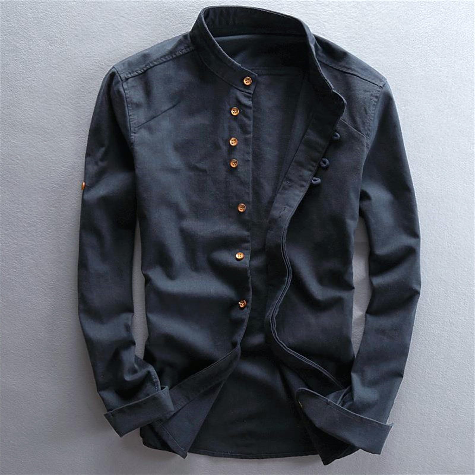 Uomo Maniche Corte Uomo Casual Moda Solido Stand Manica Lunga Slim Fit Camicia Classico Button Down Stile per l'uso quotidiano Business Smart